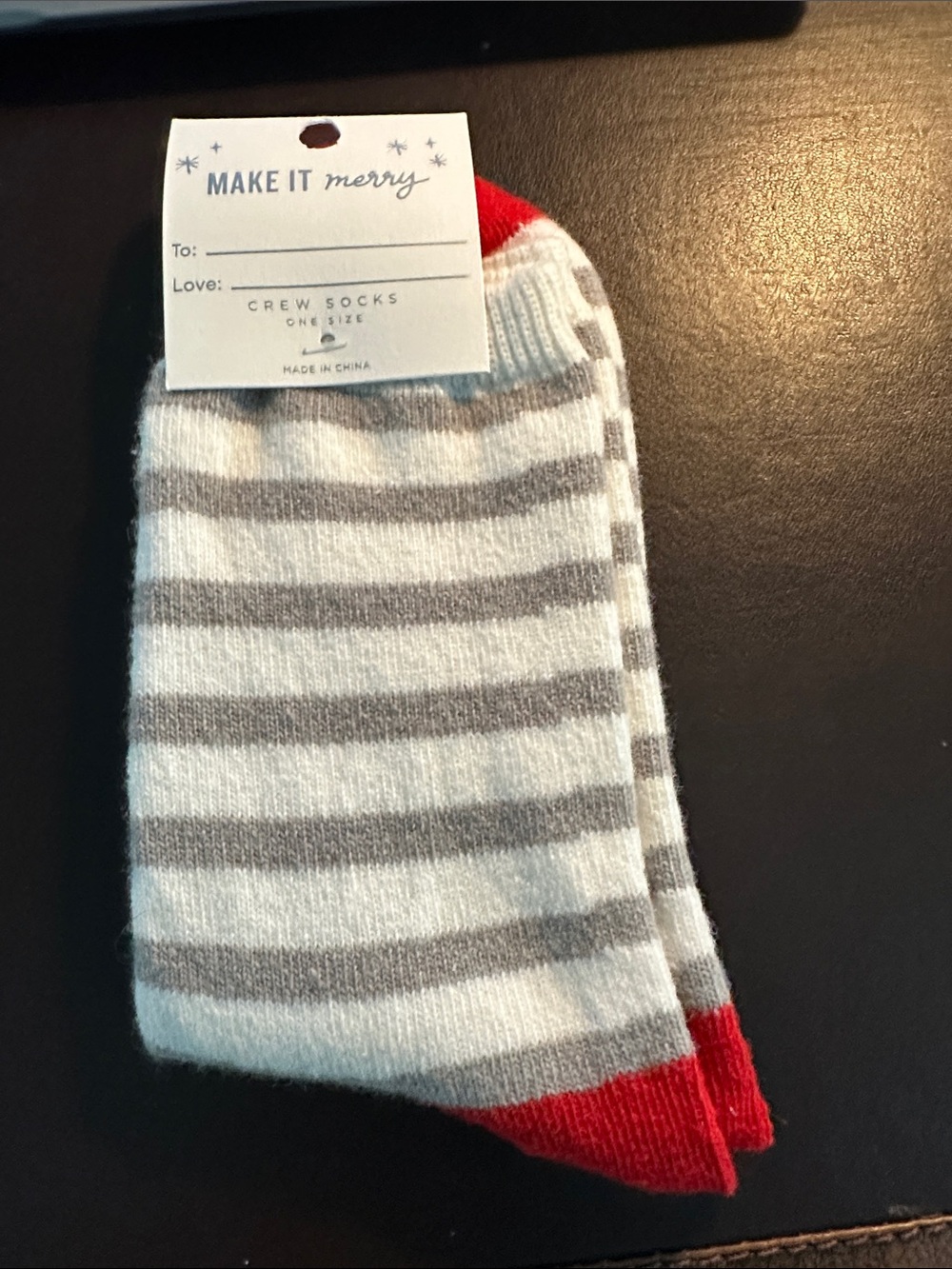 LOFT Gray & White Striped Crew Socks with Red Accents